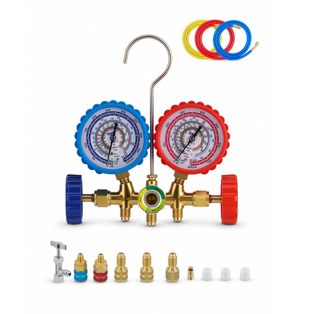 Orion Motor Tech front view of manifold gauge set showing controls and hoses for accurate service