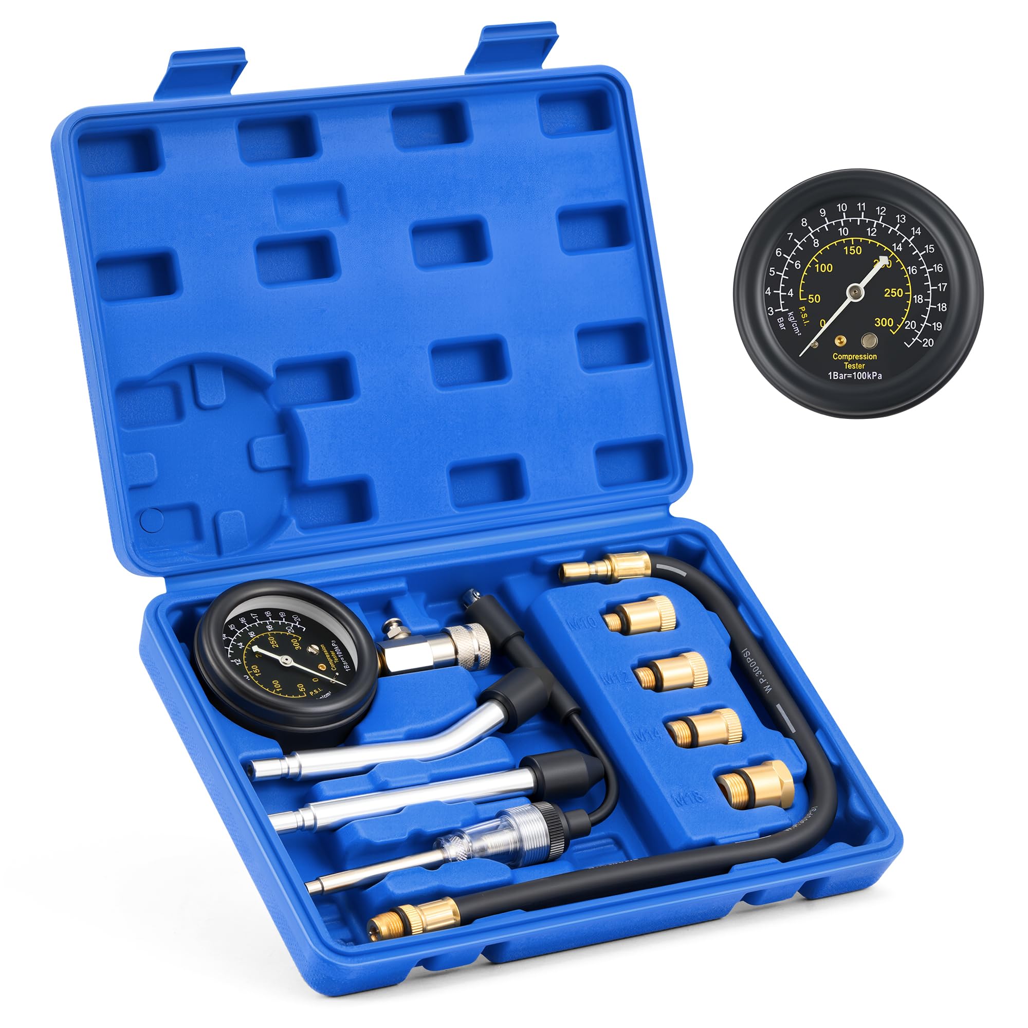 Orion Motor Tech compression tester kit front view showing complete set and durability