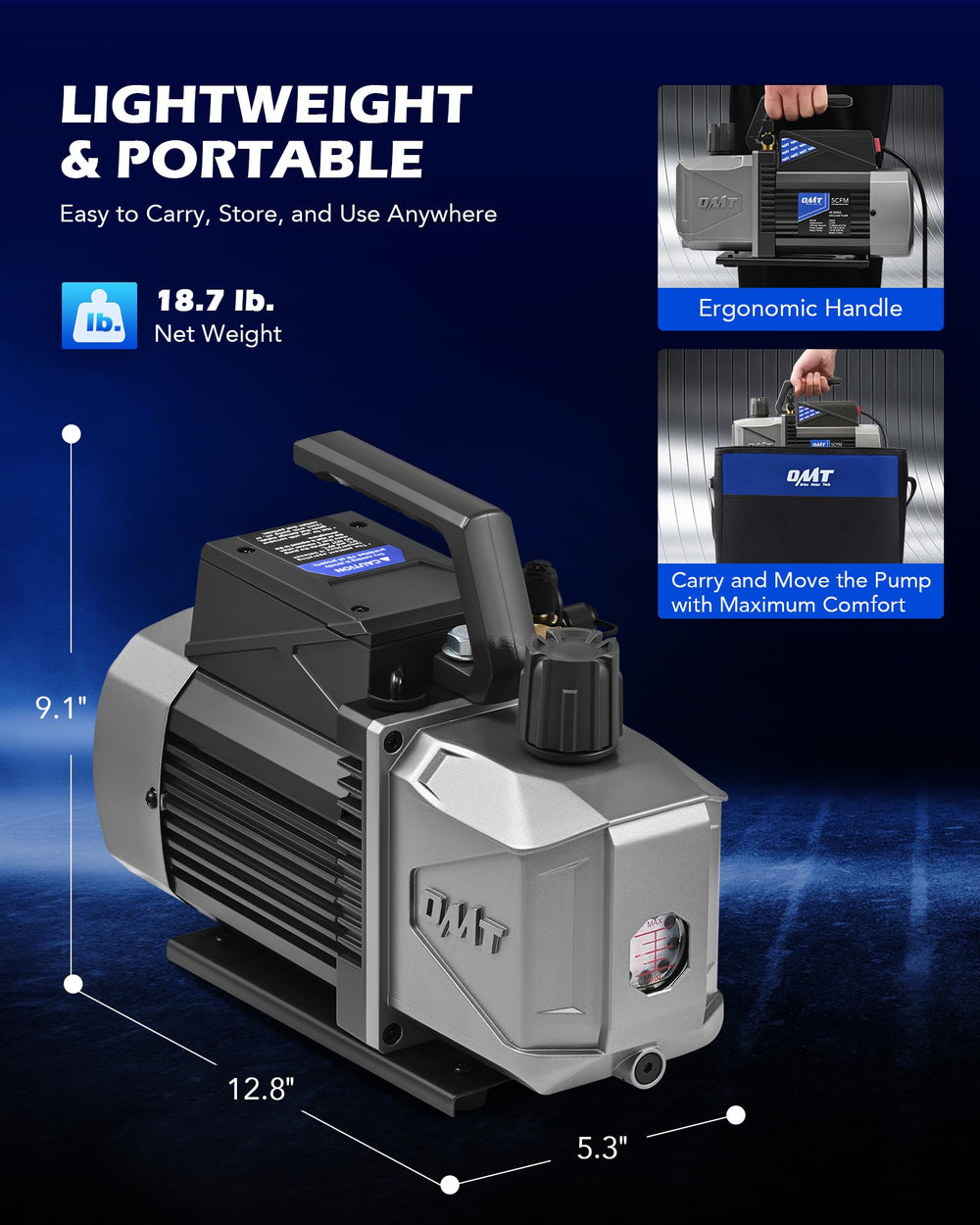 Orion Motor Tech pump next to toolbox illustrating compact size advantage