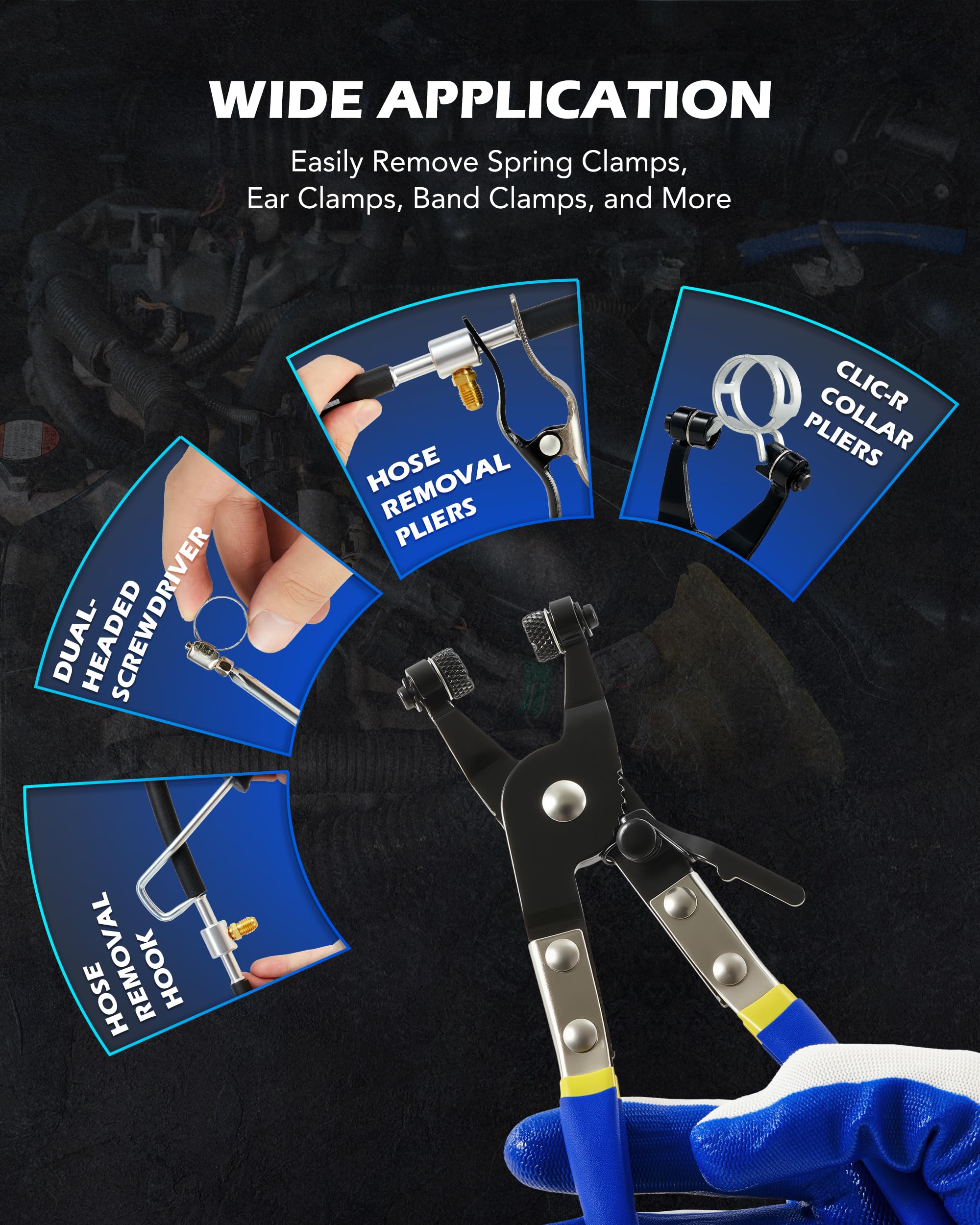 Orion Motor Tech pliers in use on hose clamp showing clean clamp removal