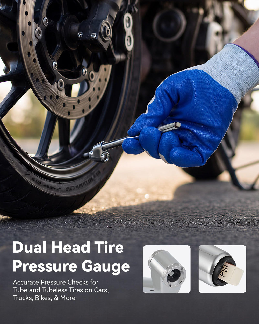Orion Motor Tech dual-head pressure gauge helping confirm proper inflation