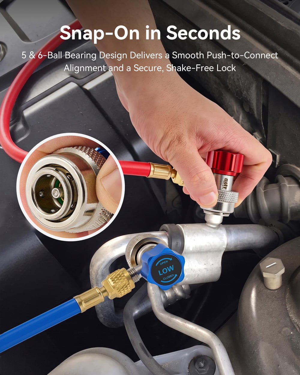 Orion Motor Tech quick couplers attached to gauge hose, secure snap-on pressure reading