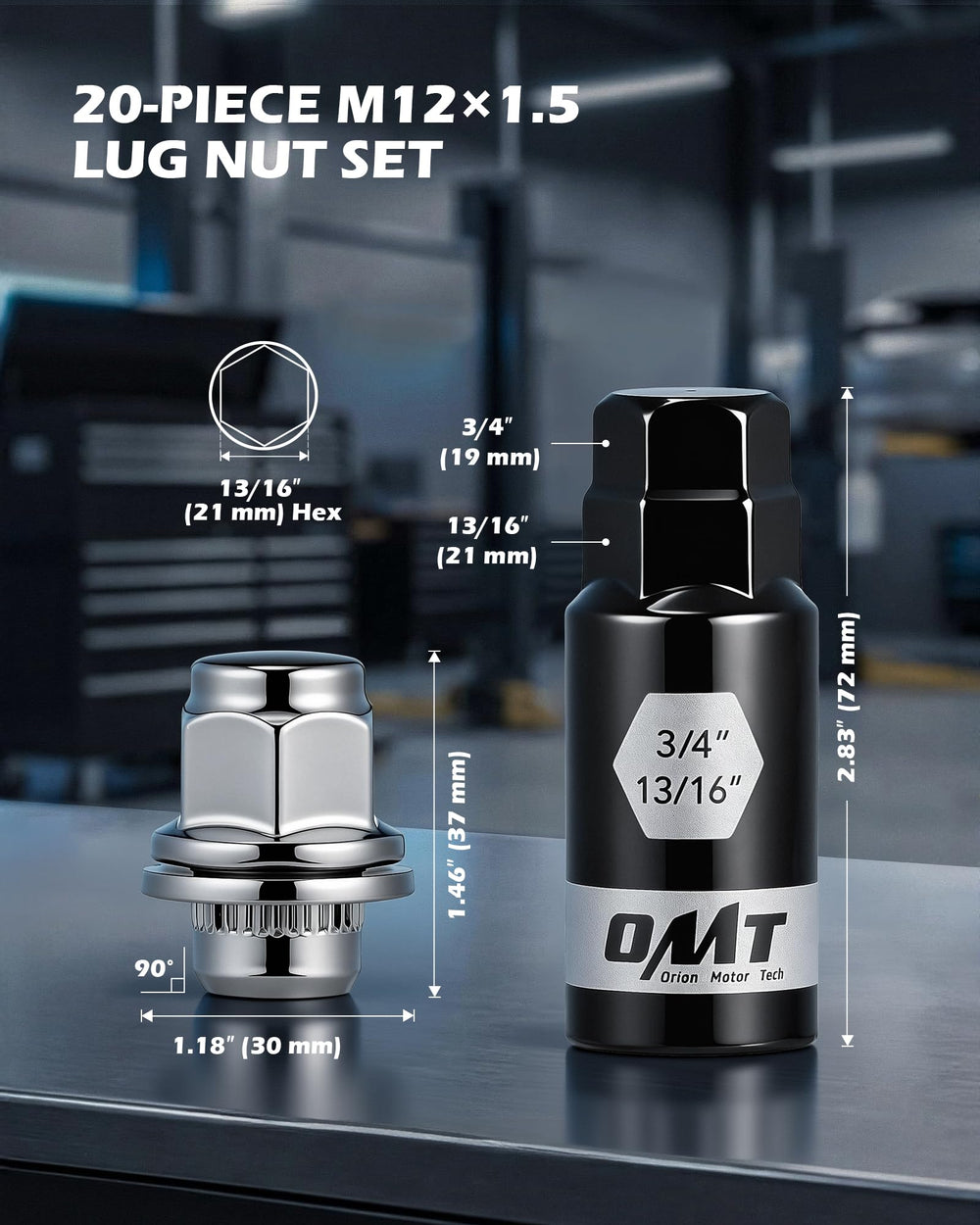 Orion Motor Tech close-up of one mag-seat lug nut, durable chrome finish benefit