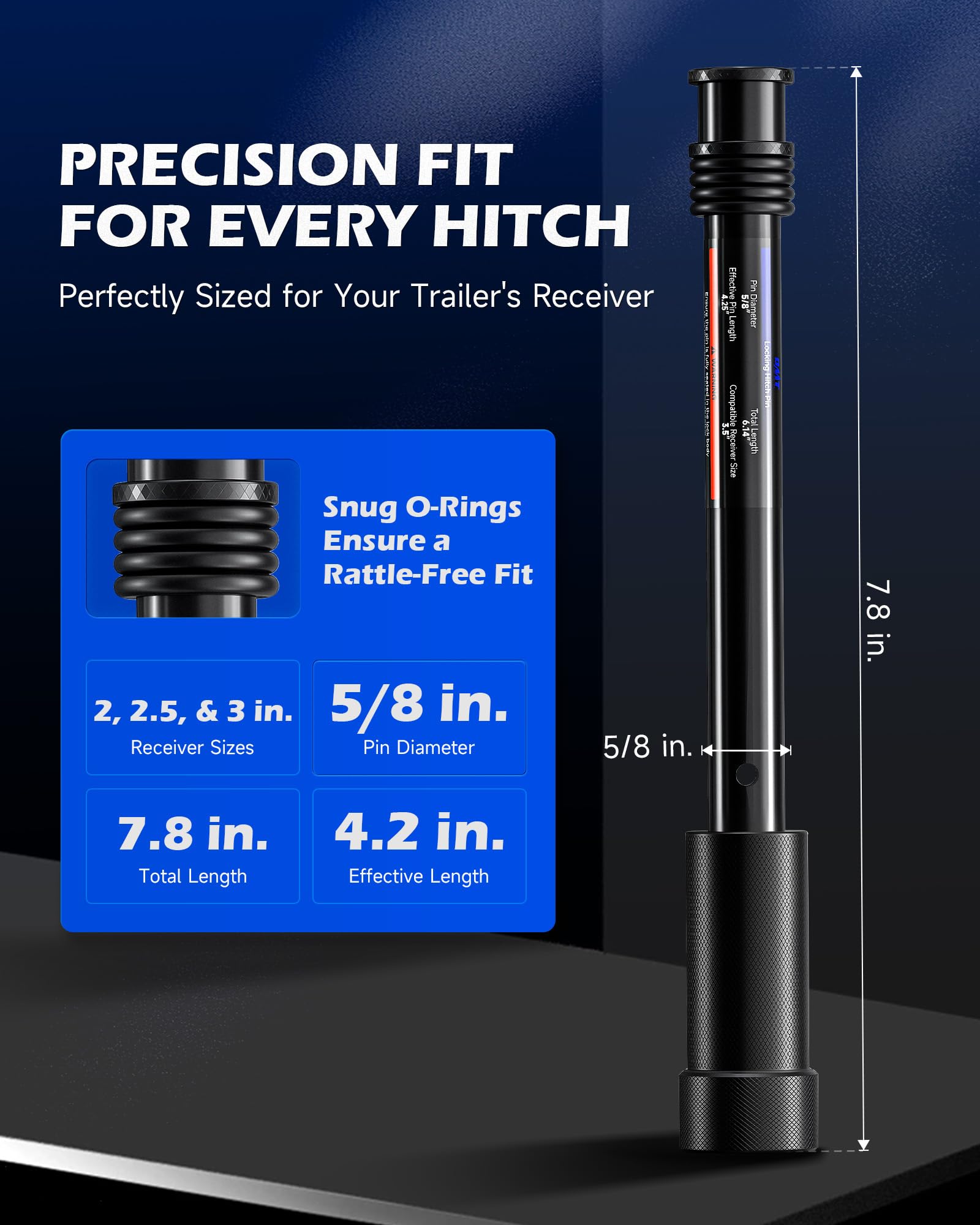 Orion Motor Tech hitch pin next to ruler showing 7.8-inch length