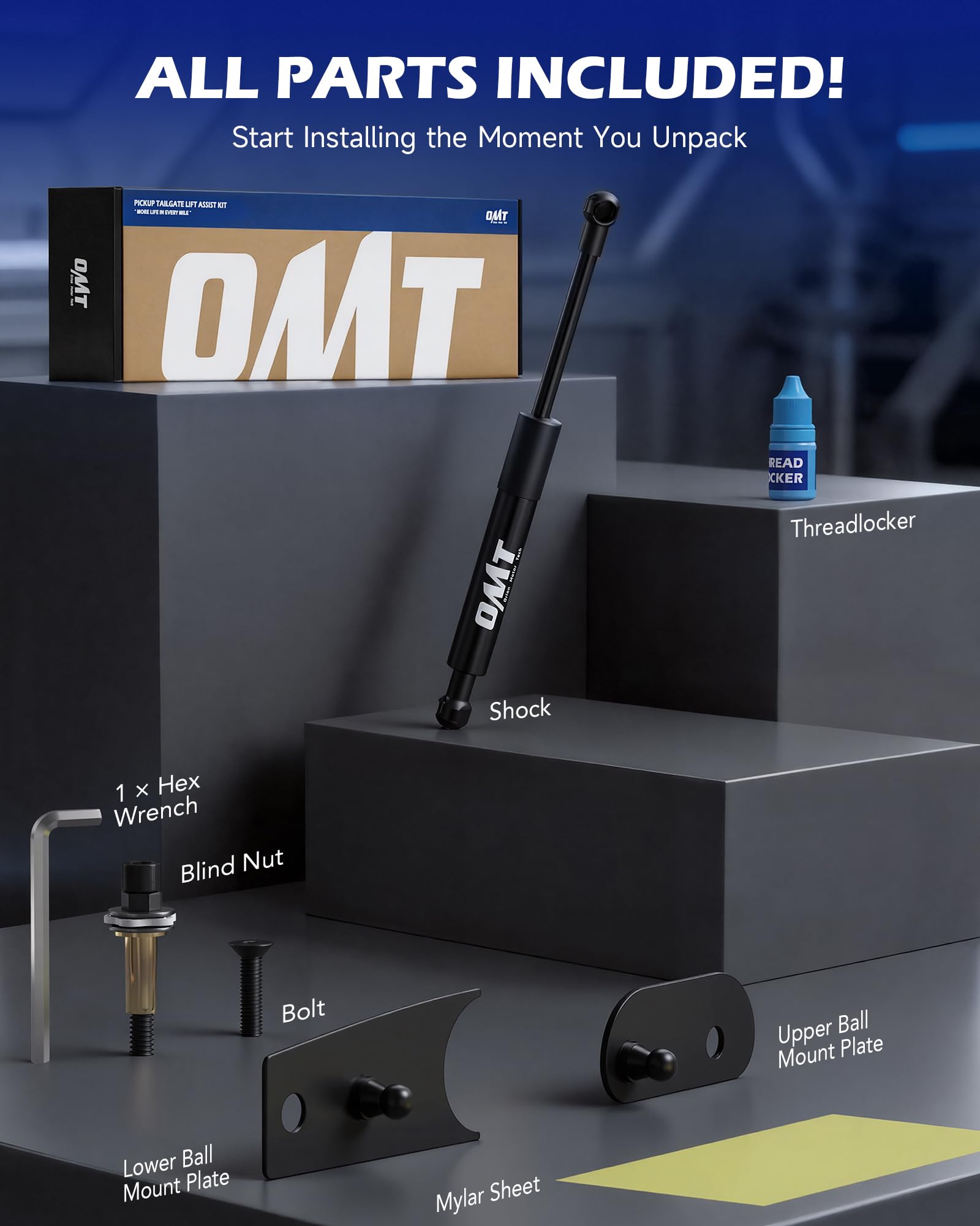 Orion Motor Tech tailgate assist in lifestyle shot with pickup demonstrating smoother loading benefit