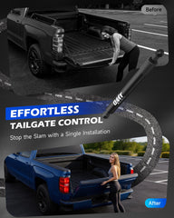 Orion Motor Tech tailgate assist mounted on Ram truck driver side demonstrating controlled lowering benefit