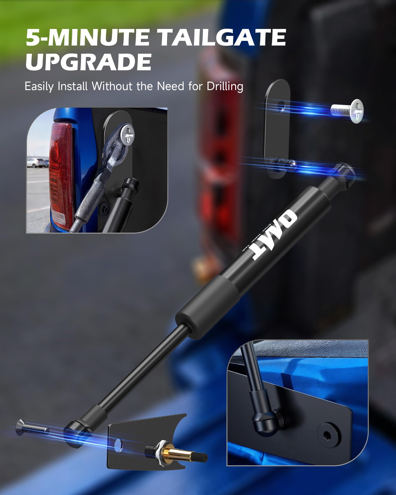 Orion Motor Tech tailgate assist beside ruler showing compact size and easy fitment