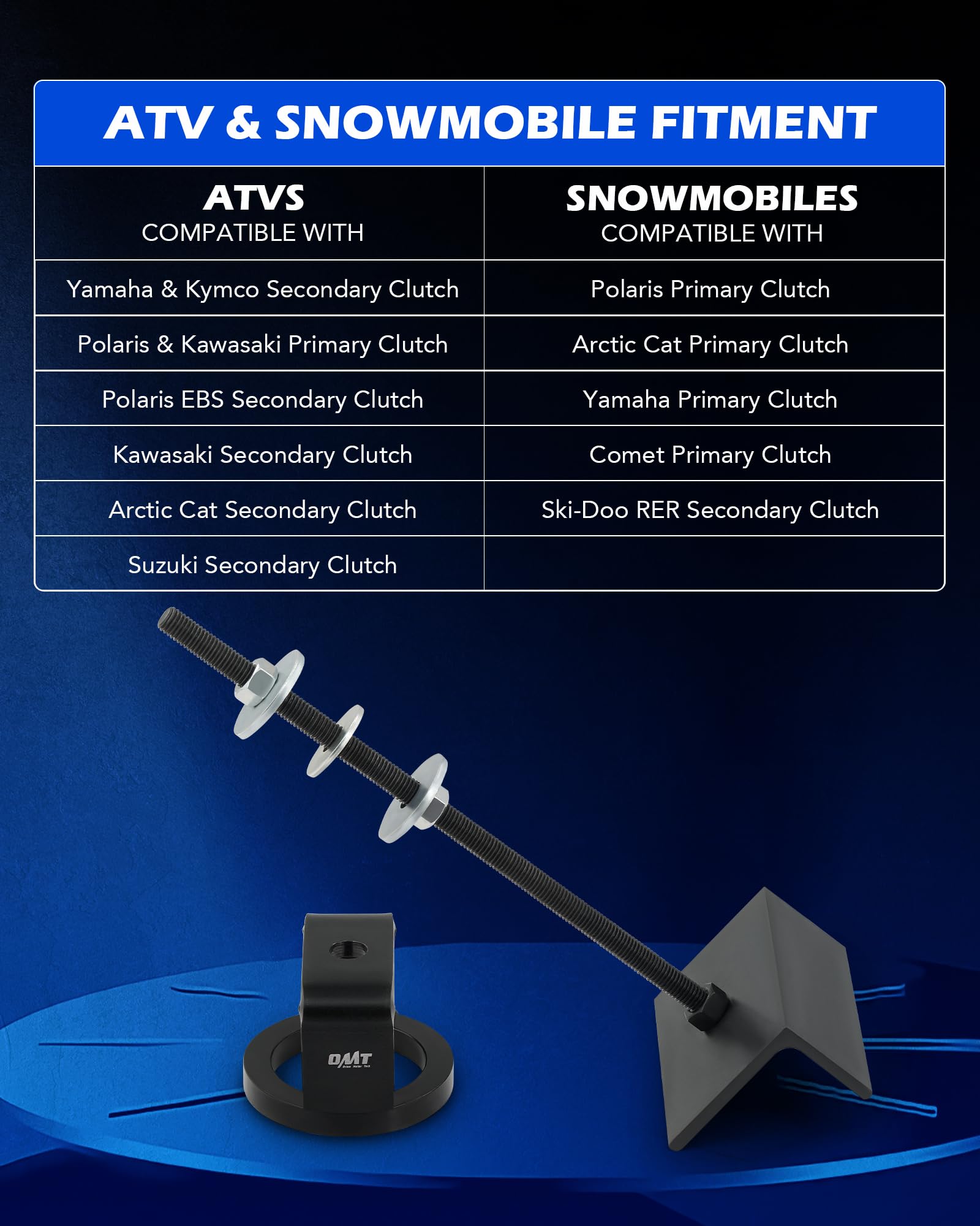 Orion Motor Tech tool compressing an ATV secondary clutch for single-person service