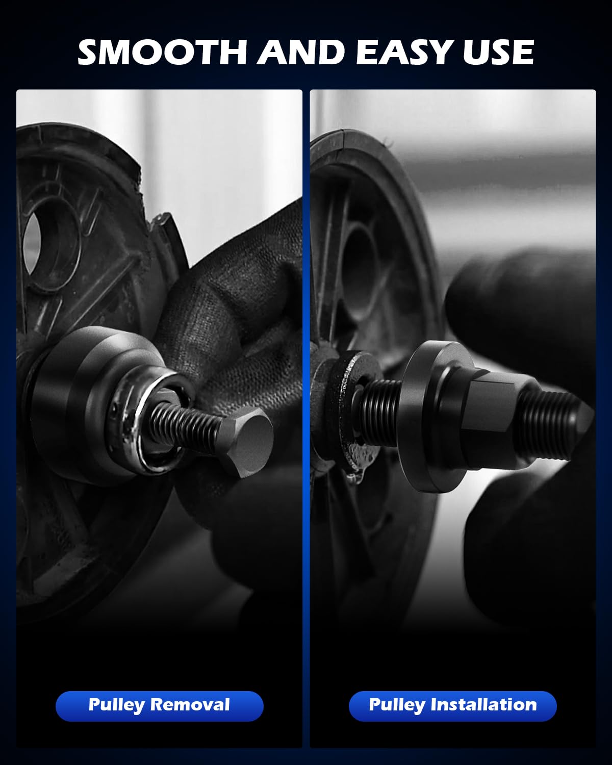 Orion Motor Tech tools in use on engine illustrating safe pulley removal technique