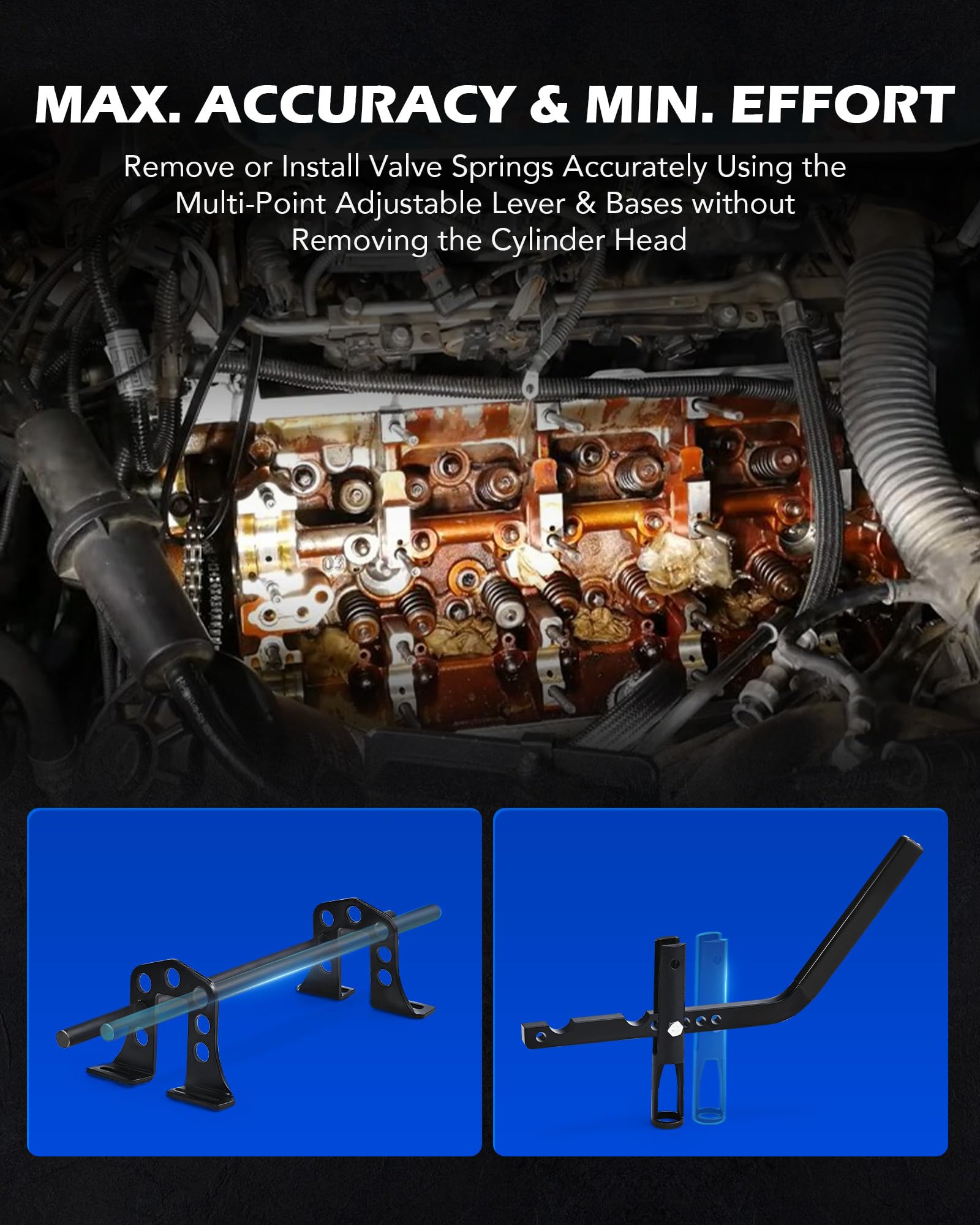 Orion Motor Tech tool in use compressing a valve spring for safe removal