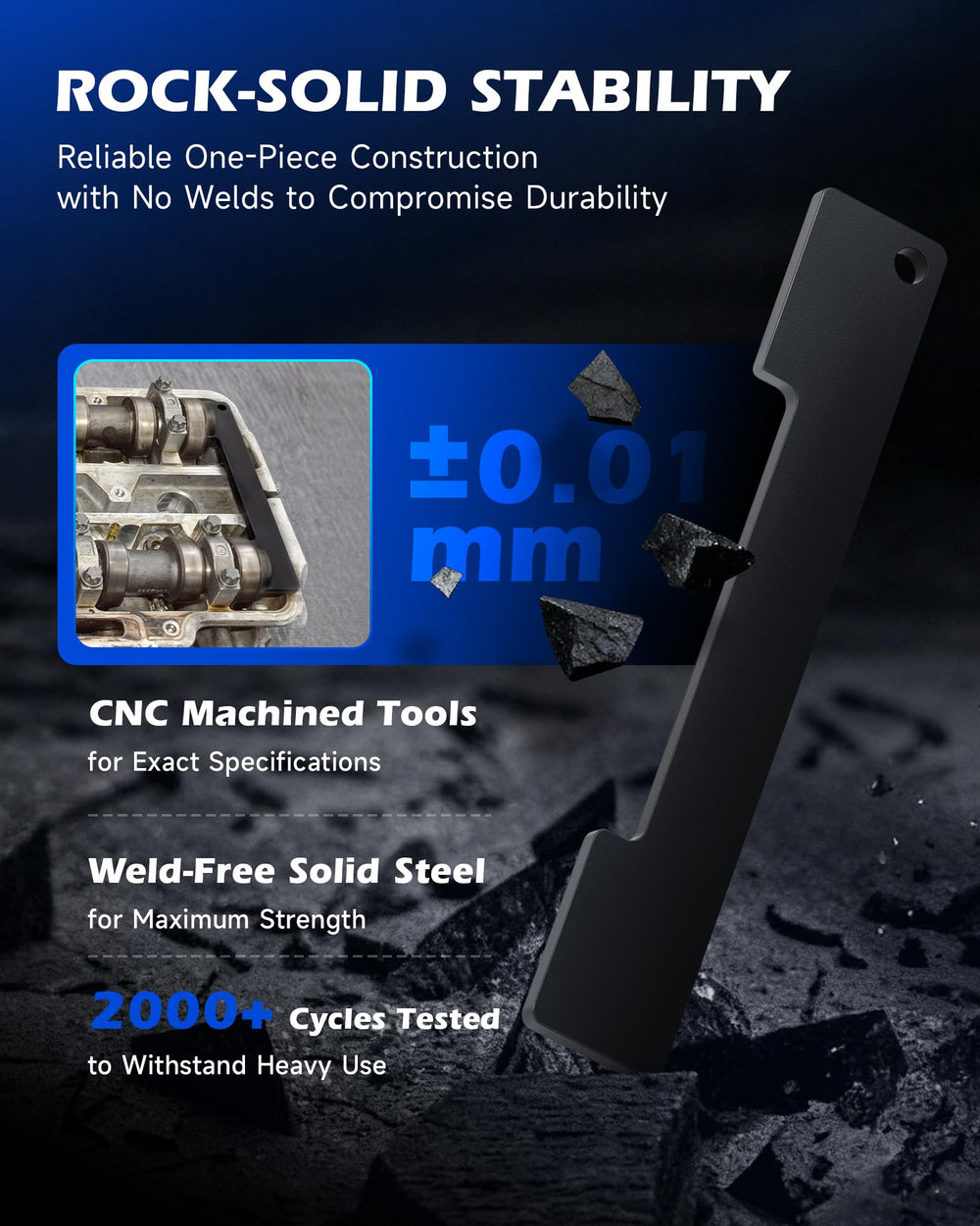 Orion Motor Tech tools on workbench with Aveo engine demonstrating real-world use