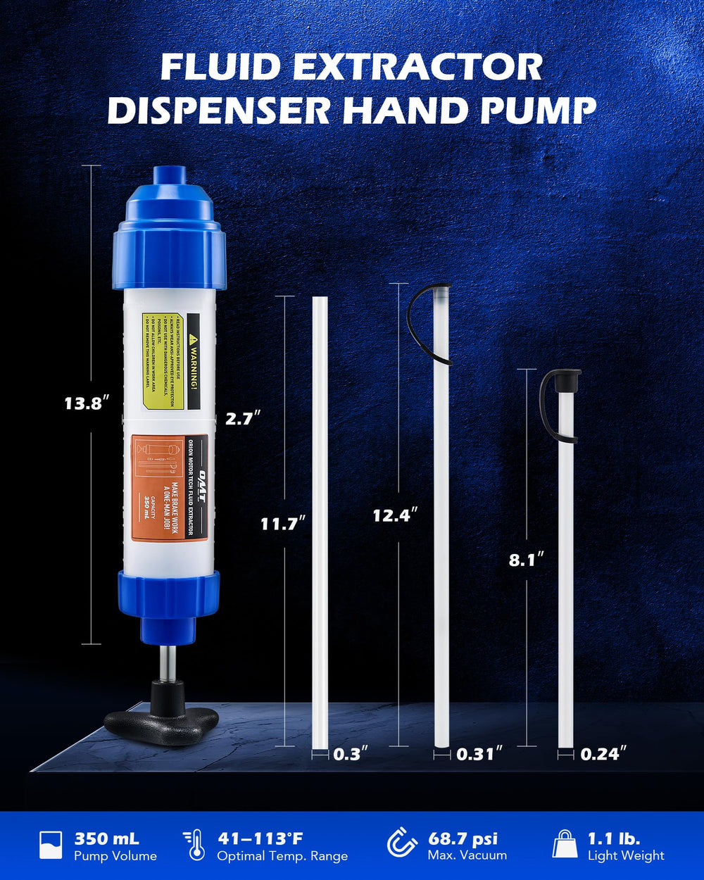 Orion Motor Tech clear barrel with mL and quart scales visible for precise fluid measurement