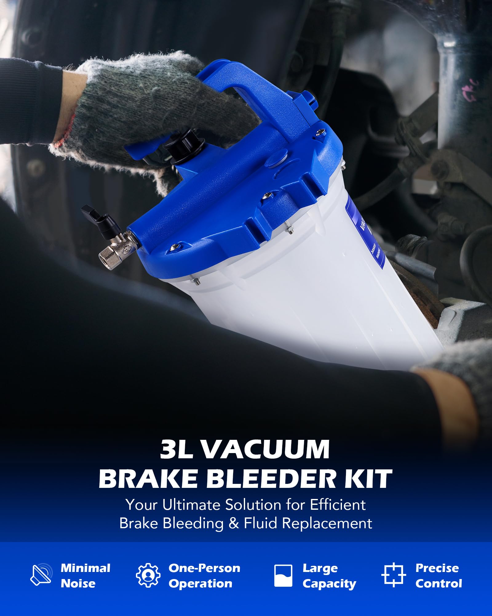 Orion Motor Tech close-up of 3.2 qt tank showing durable construction and leak containment