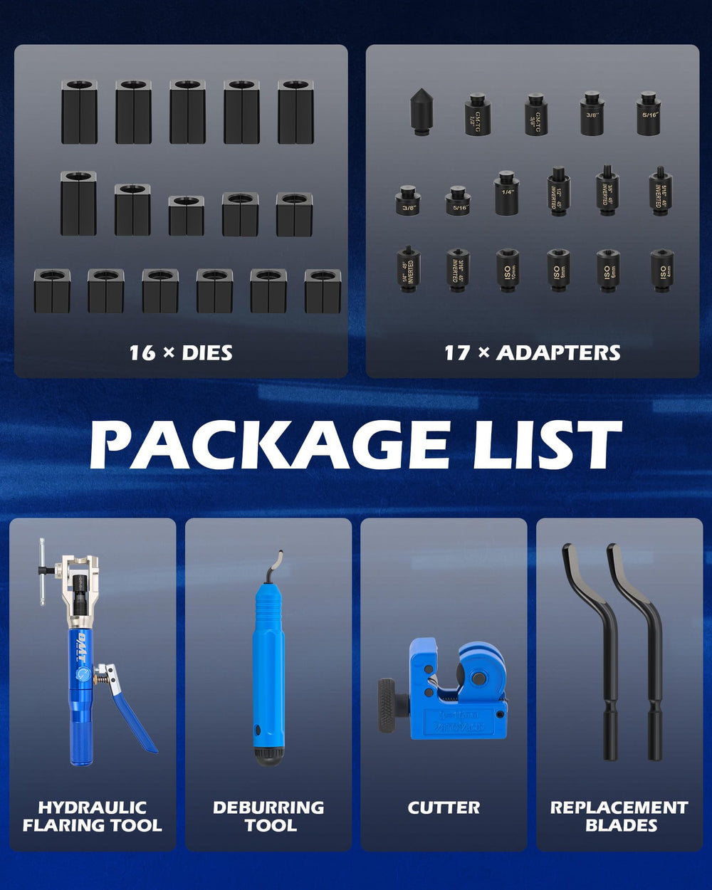 Orion Motor Tech assortment of dies and inserts illustrating size versatility