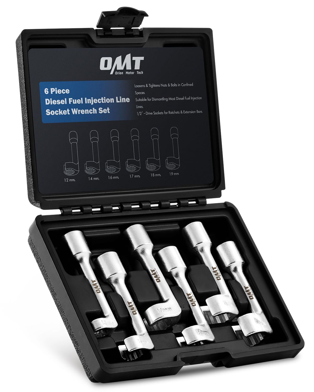 Orion Motor Tech front packaging showing full 6-piece diesel socket set, clear sizing and case benefit