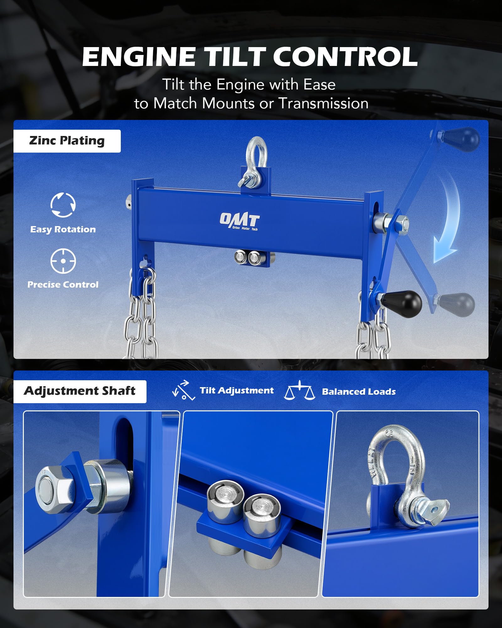 Orion Motor Tech in use on engine hoist demonstrating controlled engine positioning