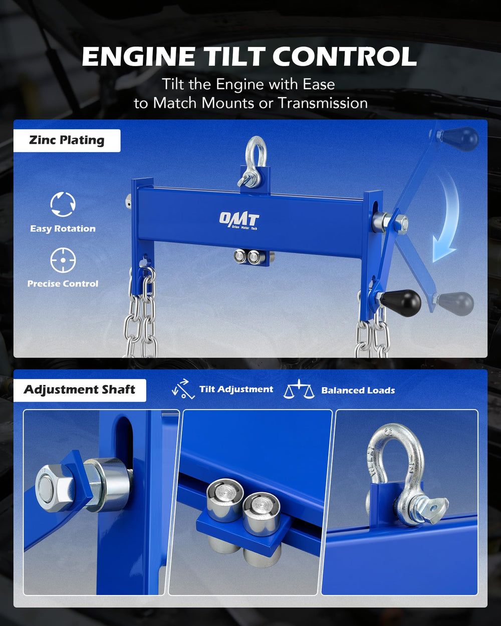 Orion Motor Tech in use on engine hoist demonstrating controlled engine positioning