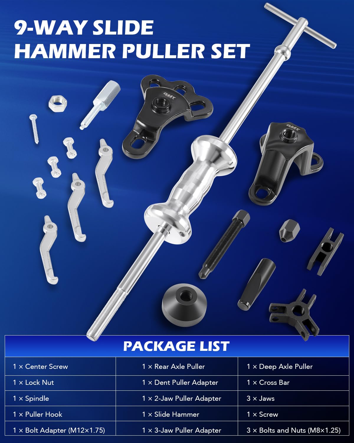 Orion Motor Tech slide hammer close-up showing textured handle and heavy-duty weight for controlled force
