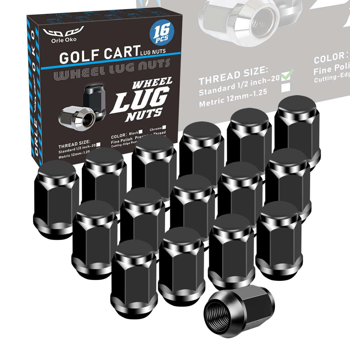 Orle Oko front view of 16 black lug nuts showing complete replacement kit benefit