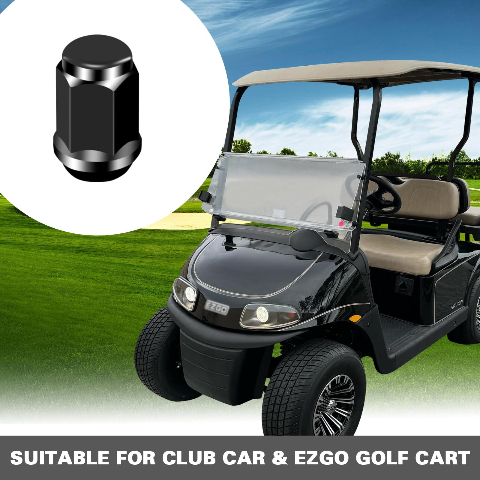 Orle Oko lug nuts on a parked golf cart illustrating durable finish and style benefit