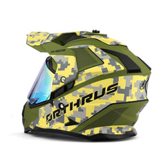 Orthrus helmet worn by child rider showing secure fit during off-road use