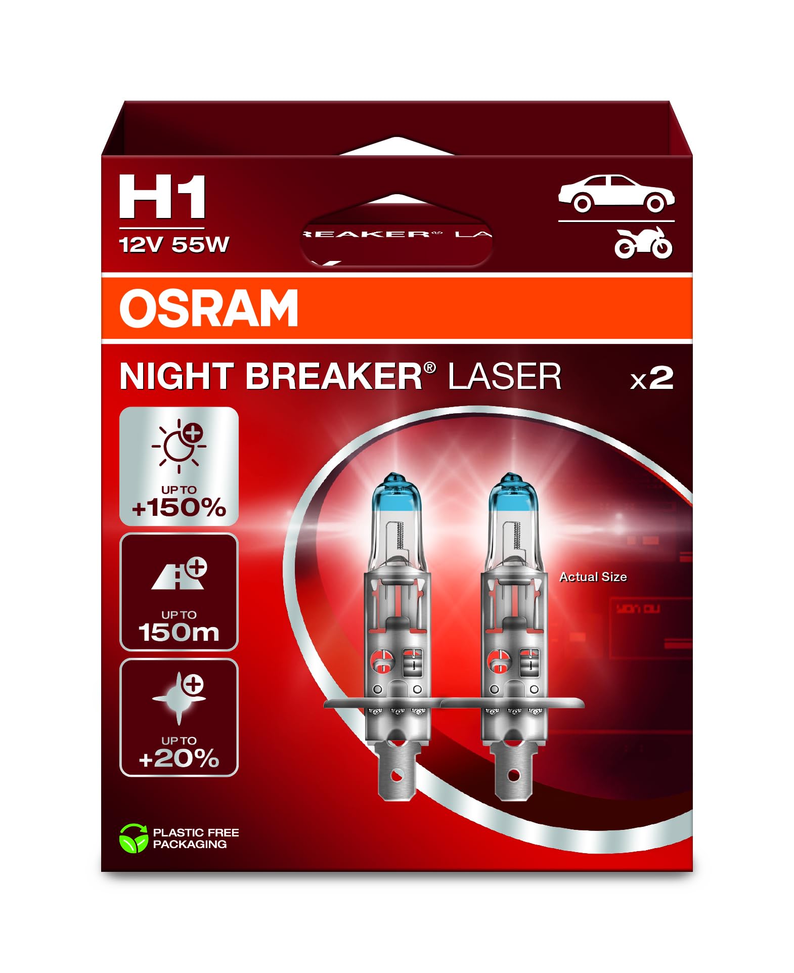 OSRAM Night Breaker Laser H1 front packaging showing two lamps and model number