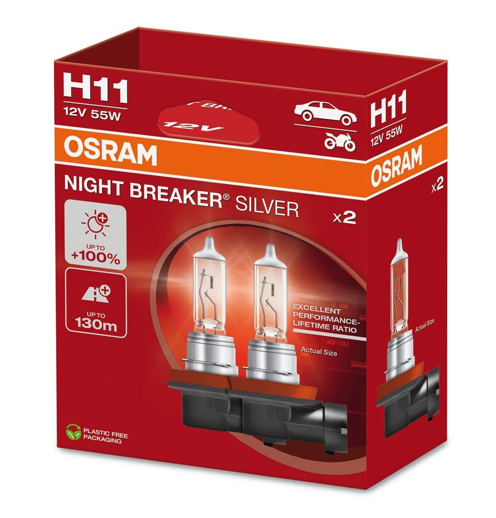 OSRAM Night Breaker Silver H11 beam in car comparison showing longer visibility