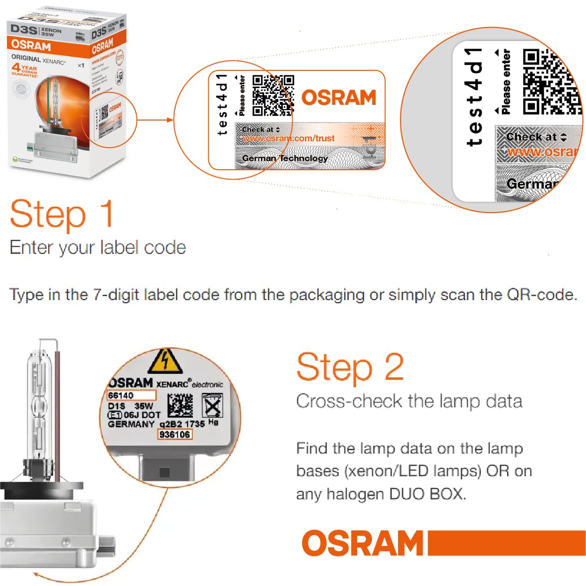 OSRAM Xenarc security label with QR code showing authenticity verification