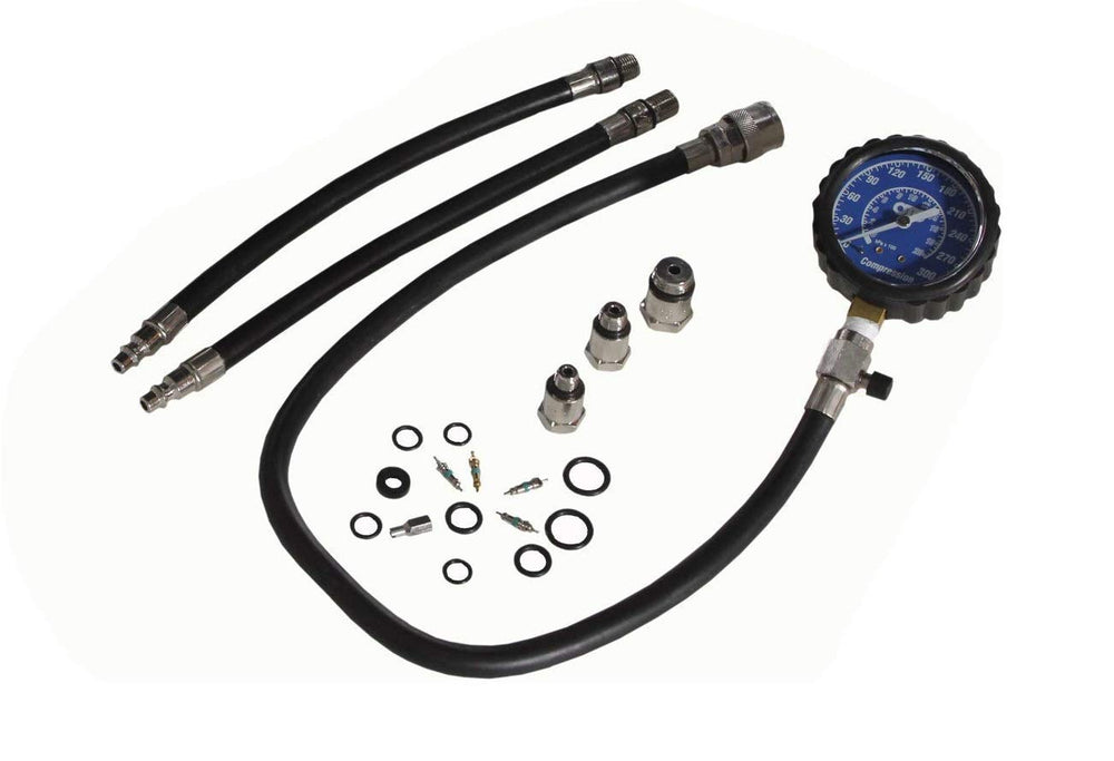 OTC 5606 hoses and thread adapters laid out, flexible reach for many engines