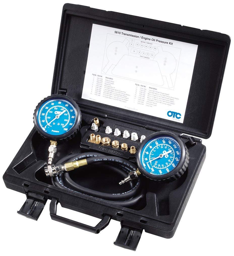 OTC 5610 in use under hood showing technician testing oil pressure efficiently