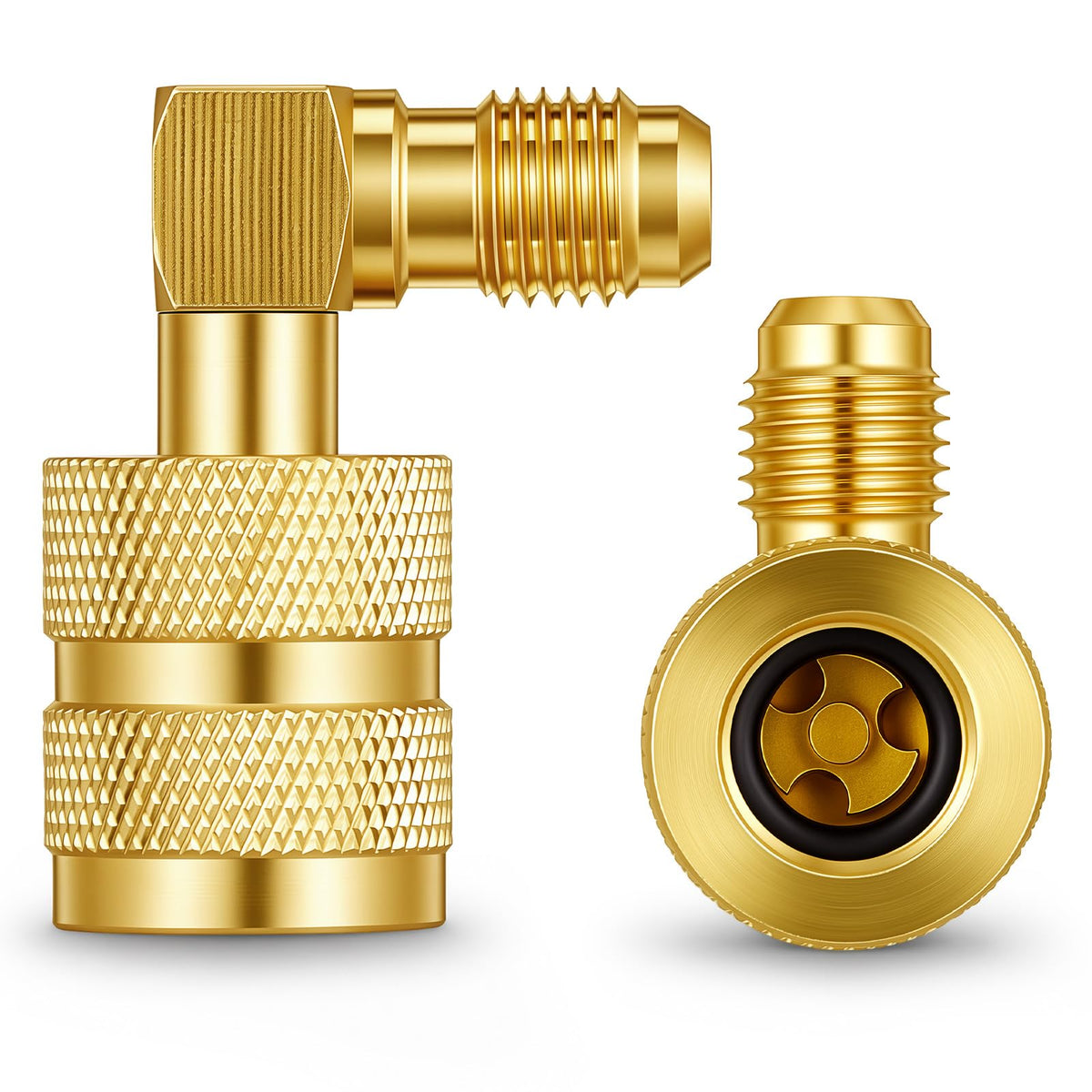 Otoolling front view of two adapters showing compact 90° design and benefit of easy access