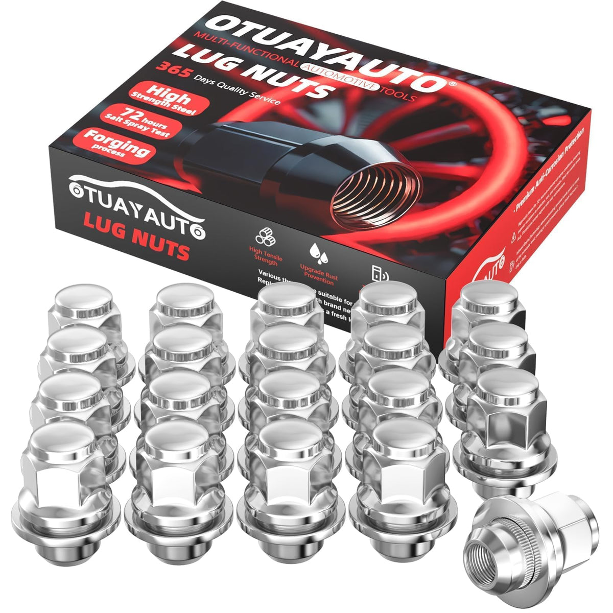 OTUAYAUTO front view of 20 lug nuts showing chrome finish and coverage benefit