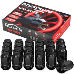 OTUAYAUTO front view of 24 black lug nuts showing kit contents and durable finish