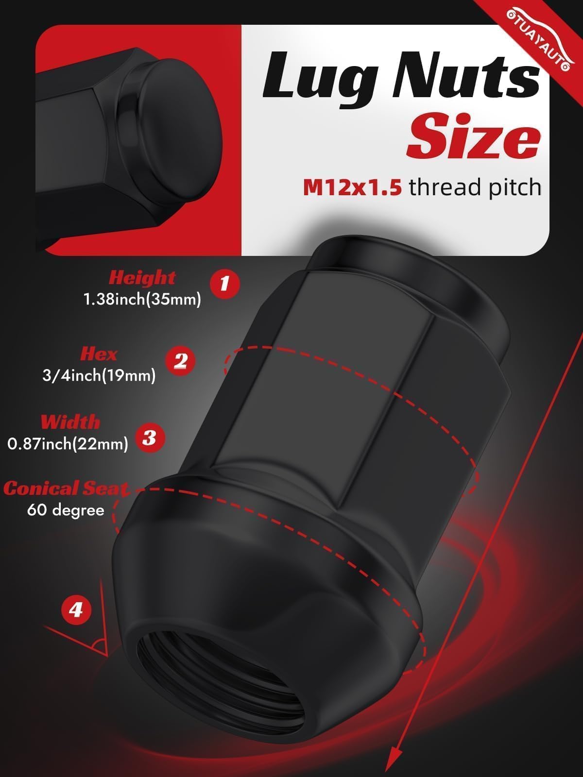 OTUAYAUTO side profile of closed-end bulge acorn lug nut showing conical seat benefit