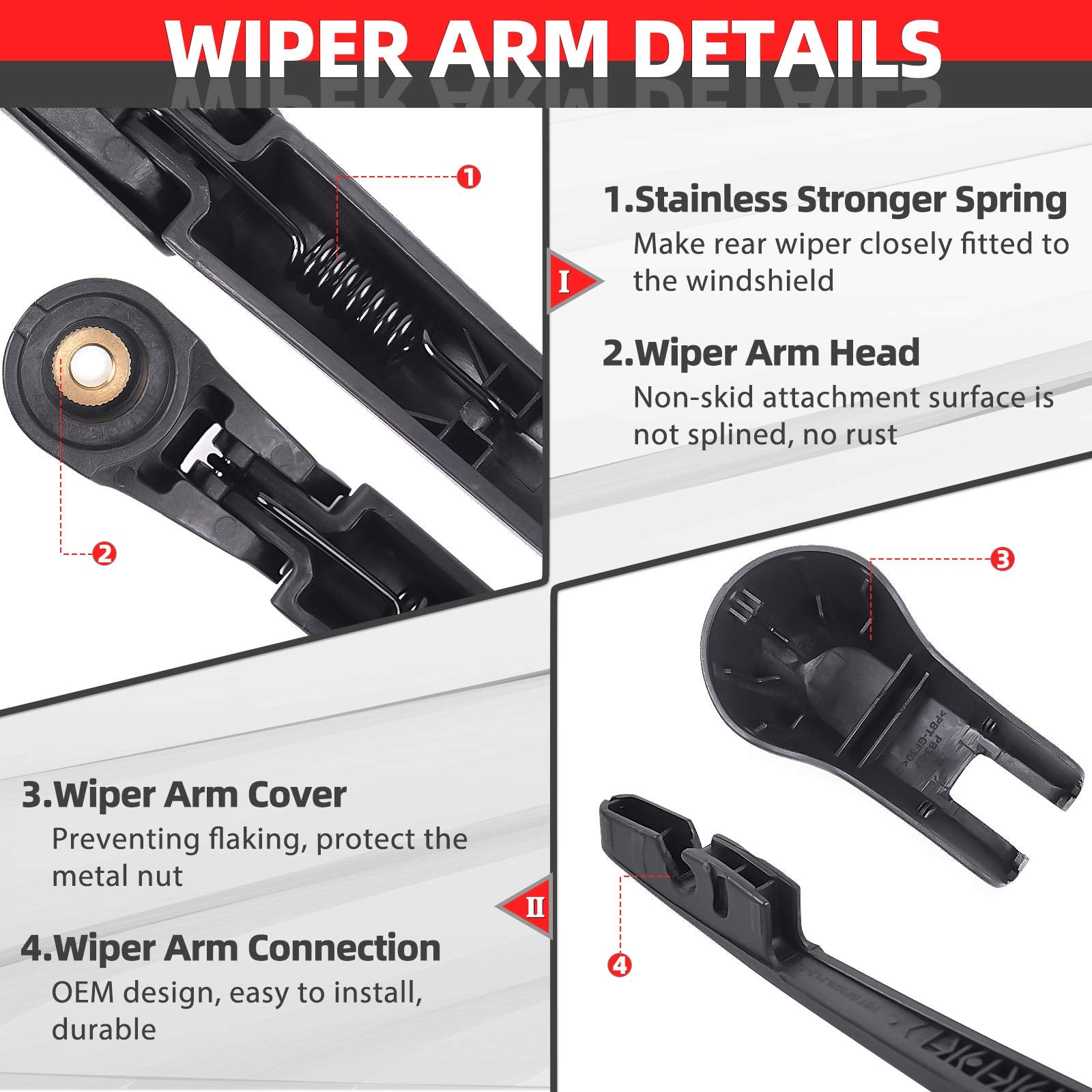 OTUAYAUTO wiper arm close-up highlighting durable PBT construction and corrosion resistance