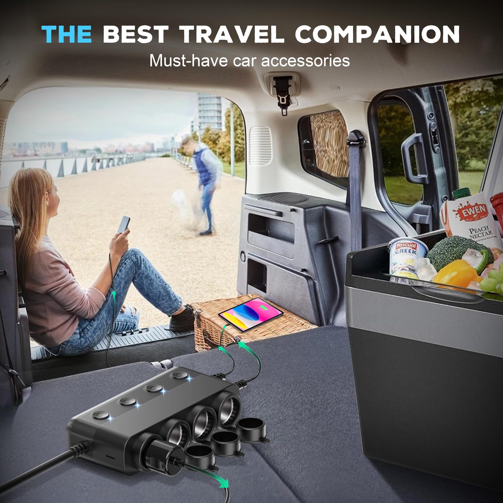 Ouffun installed in car powering dash cam and phone for on-road convenience