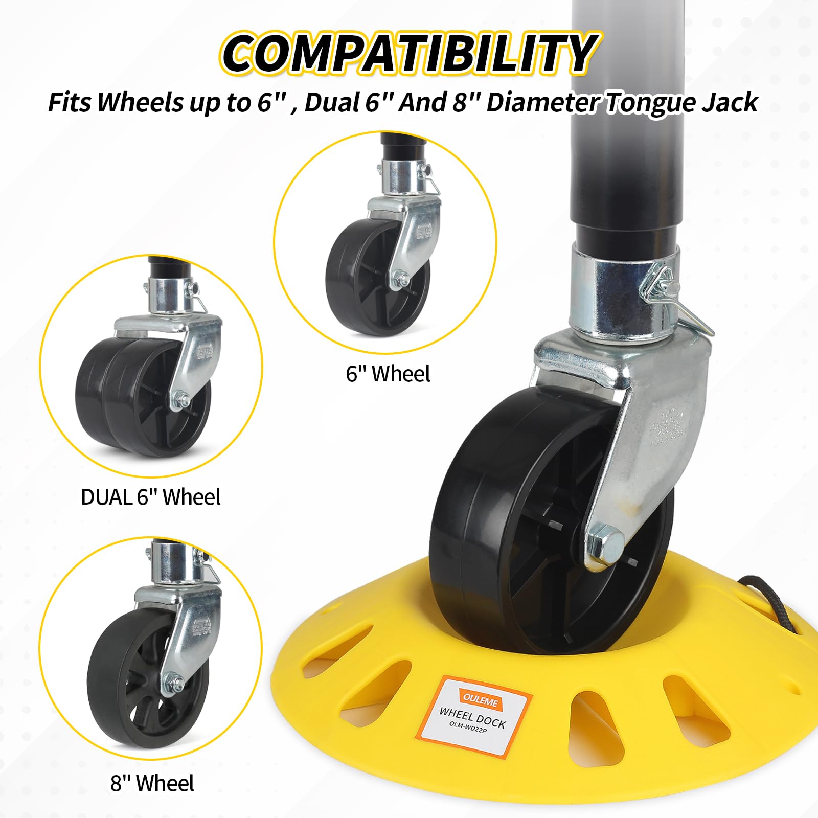 OULEME jack wheel seated in dock preventing sinking and improving trailer stability
