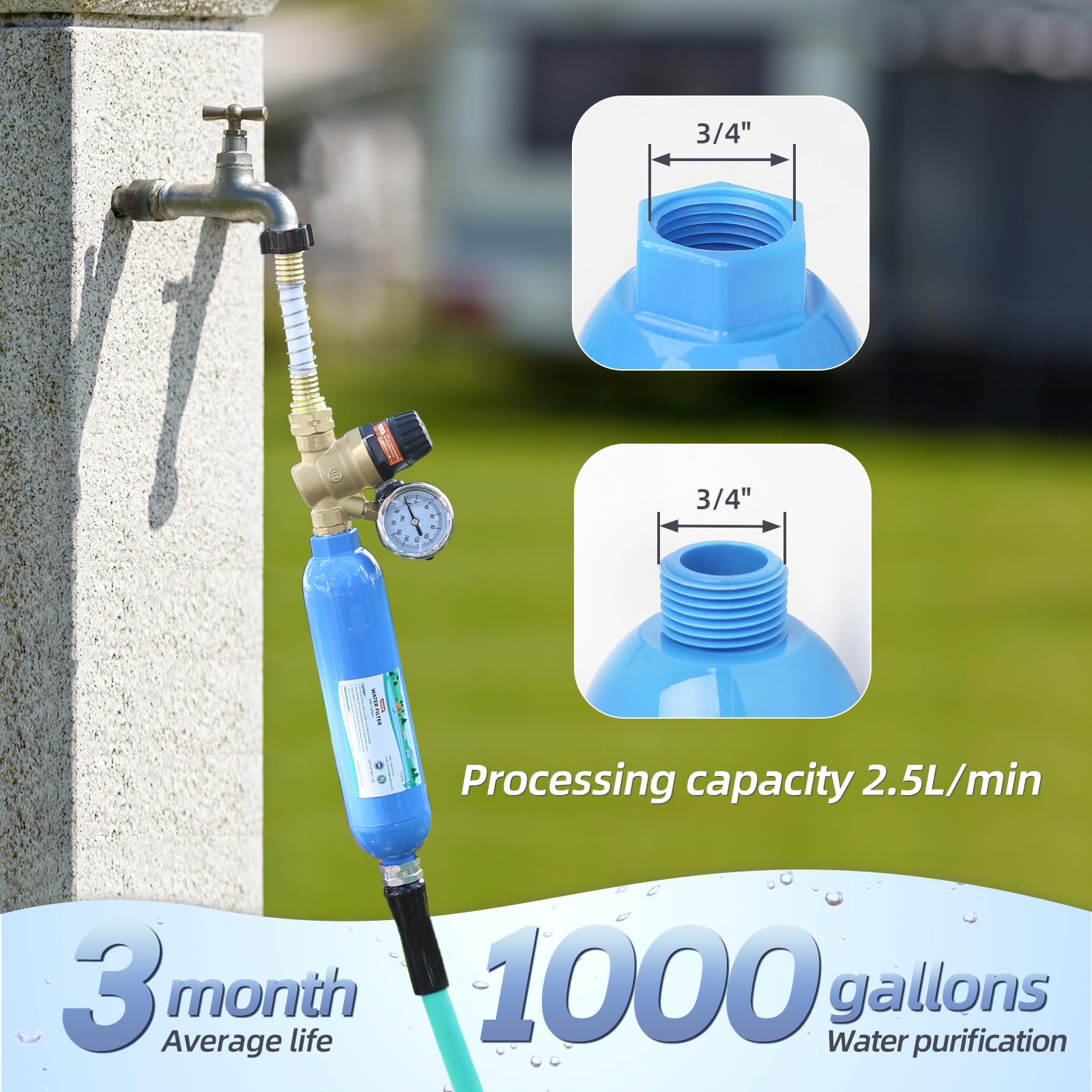OULEME inline filter installed on RV hose demonstrating secure connection and safe water