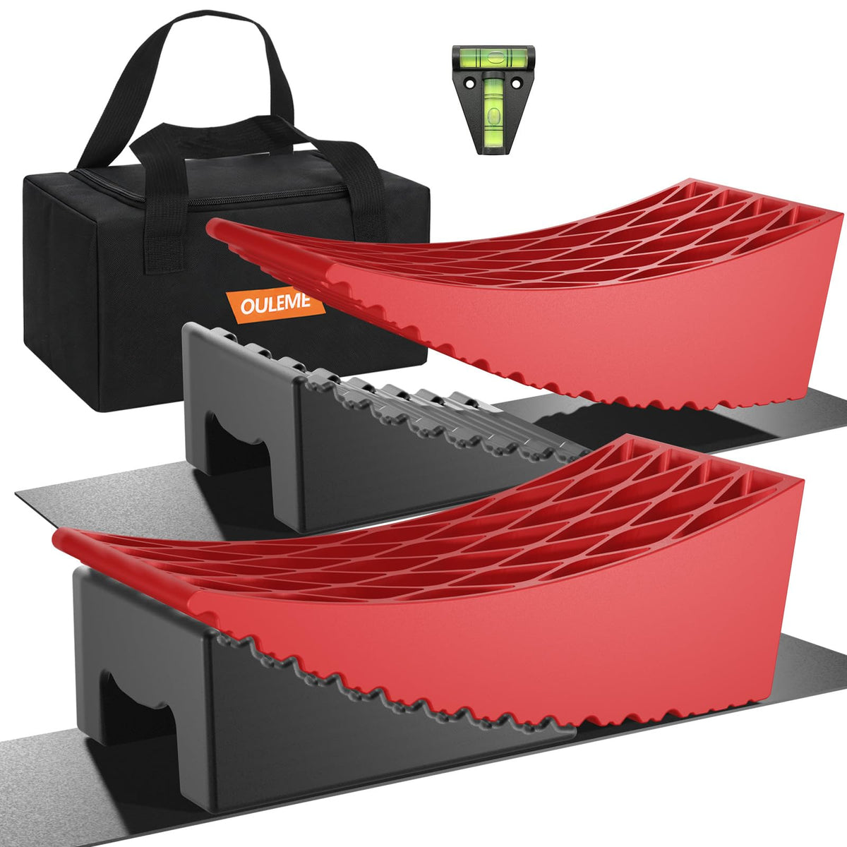 OULEME front view of red leveling blocks showing brand and stable design