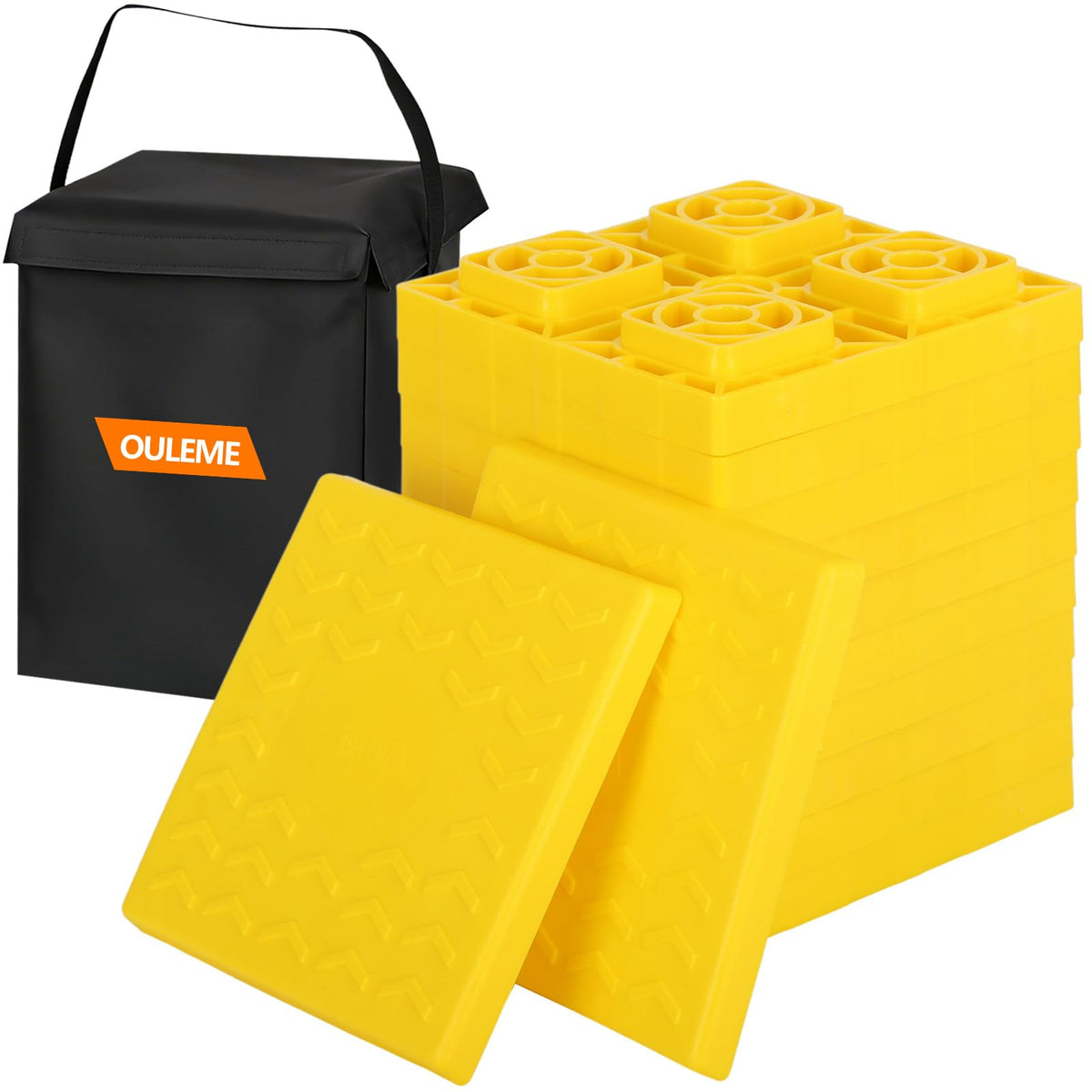 OULEME front view of 12-pack showing blocks and carry bag, durable storage benefit