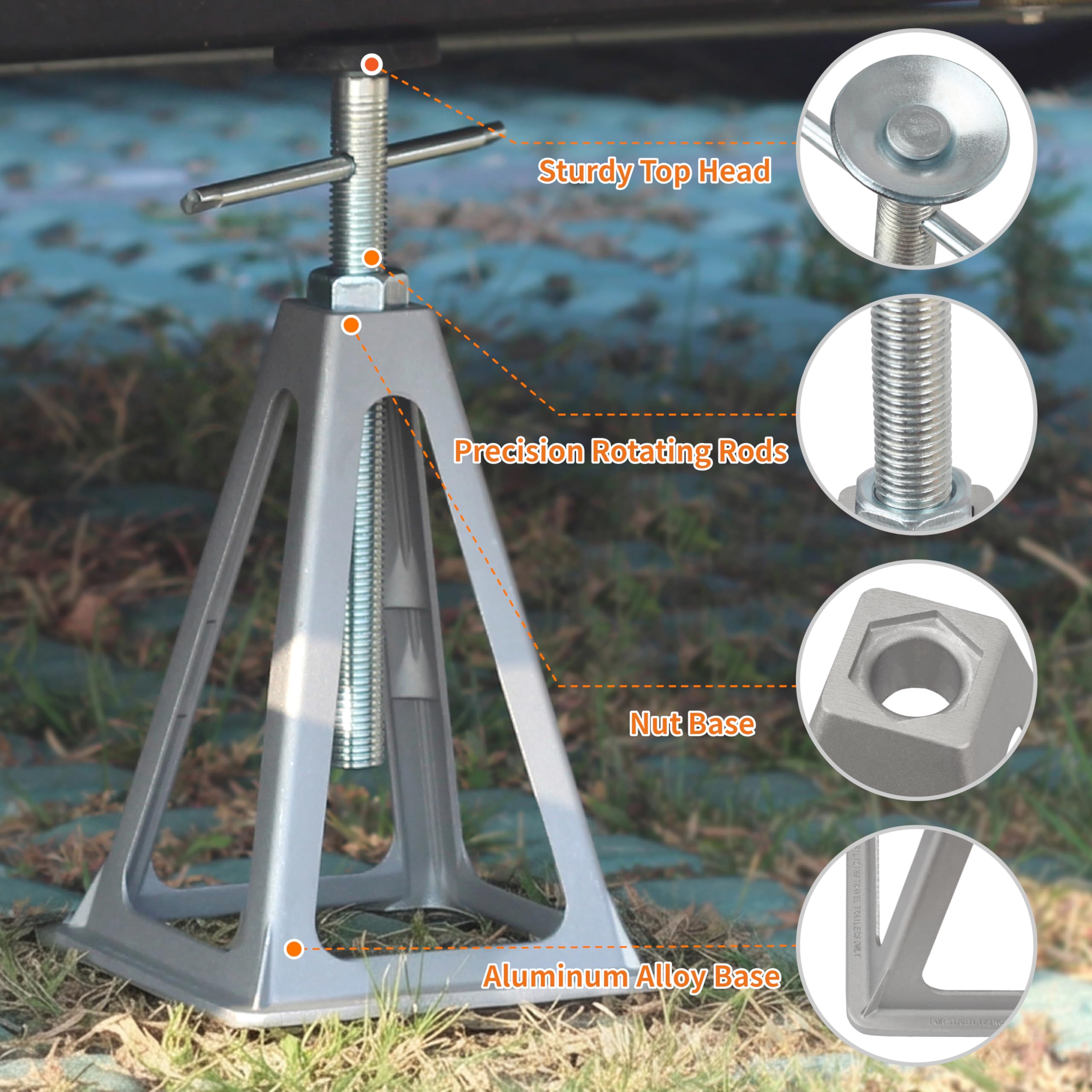 OULEME in use under RV chassis stabilizing camper for steadier interior