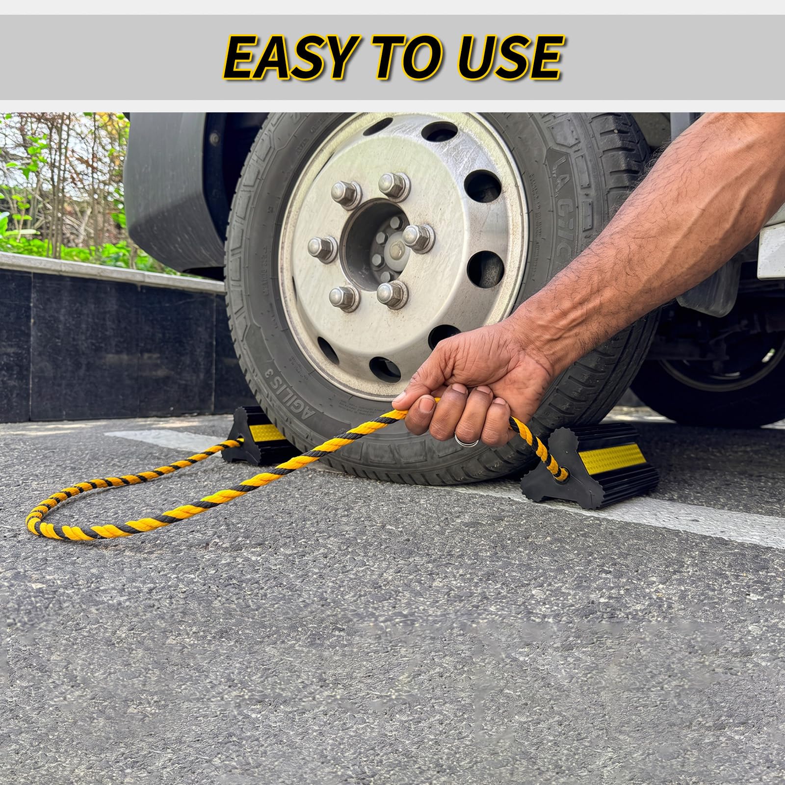 OULEME chock beside wheel showing size and secure fit benefit