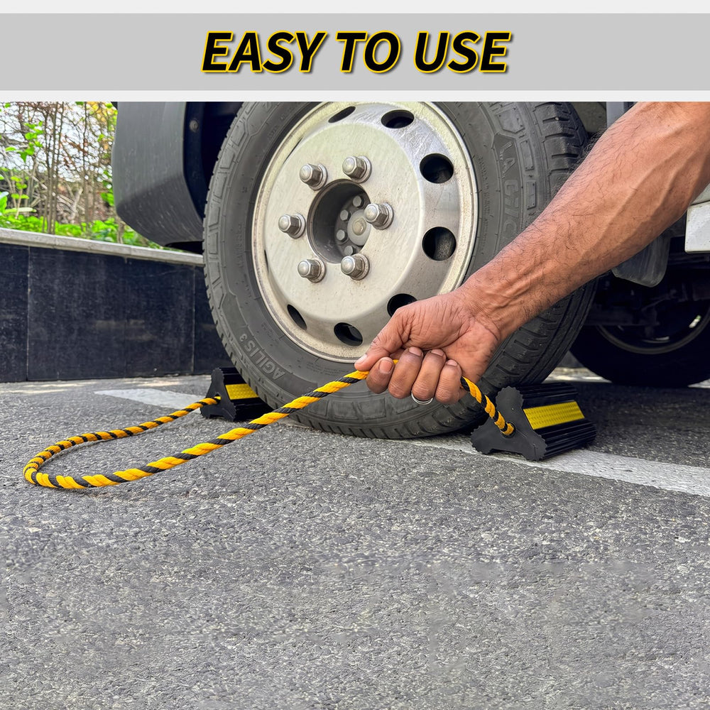 OULEME chock beside wheel showing size and secure fit benefit