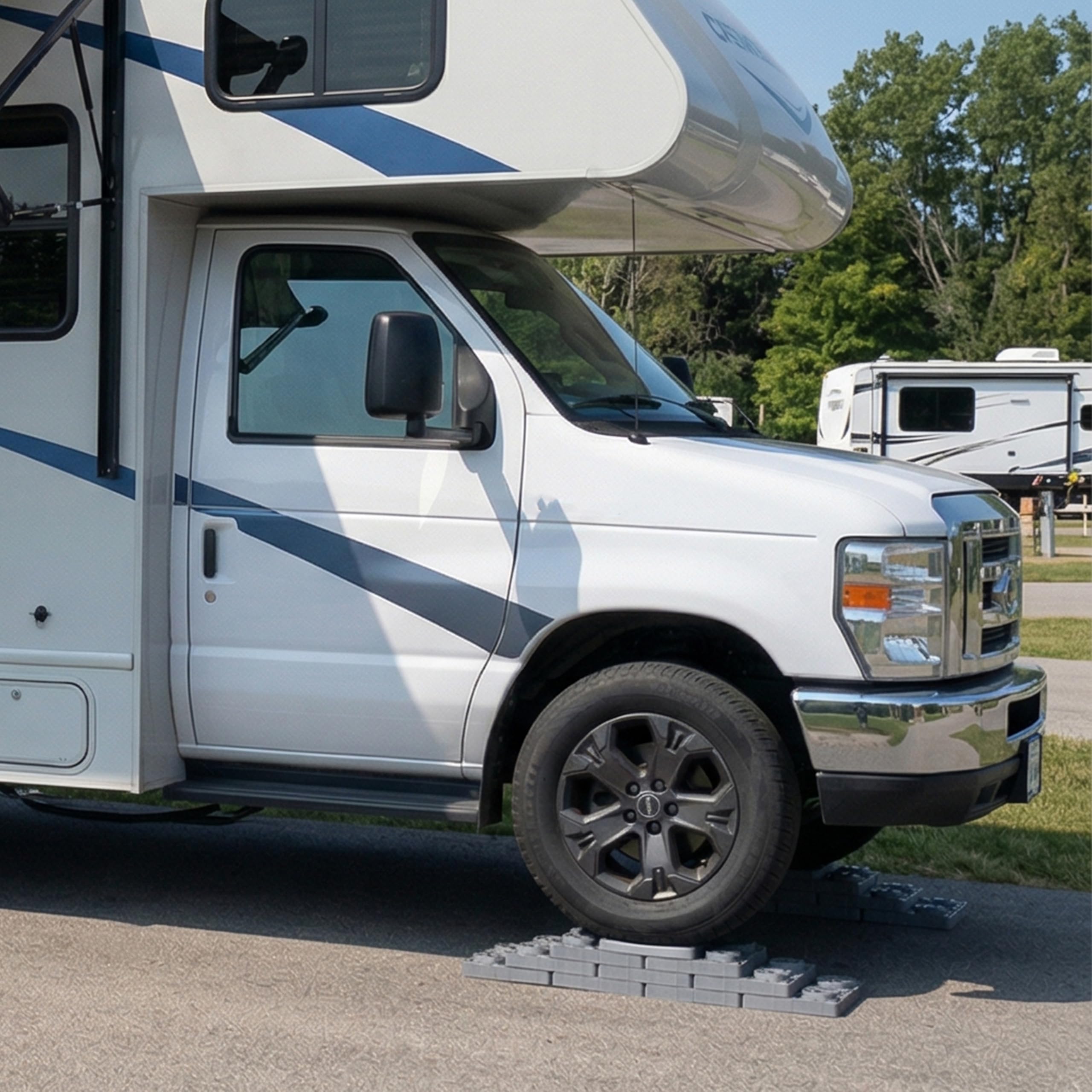 OULEME blocks neatly stored in RV compartment showing compact travel convenience