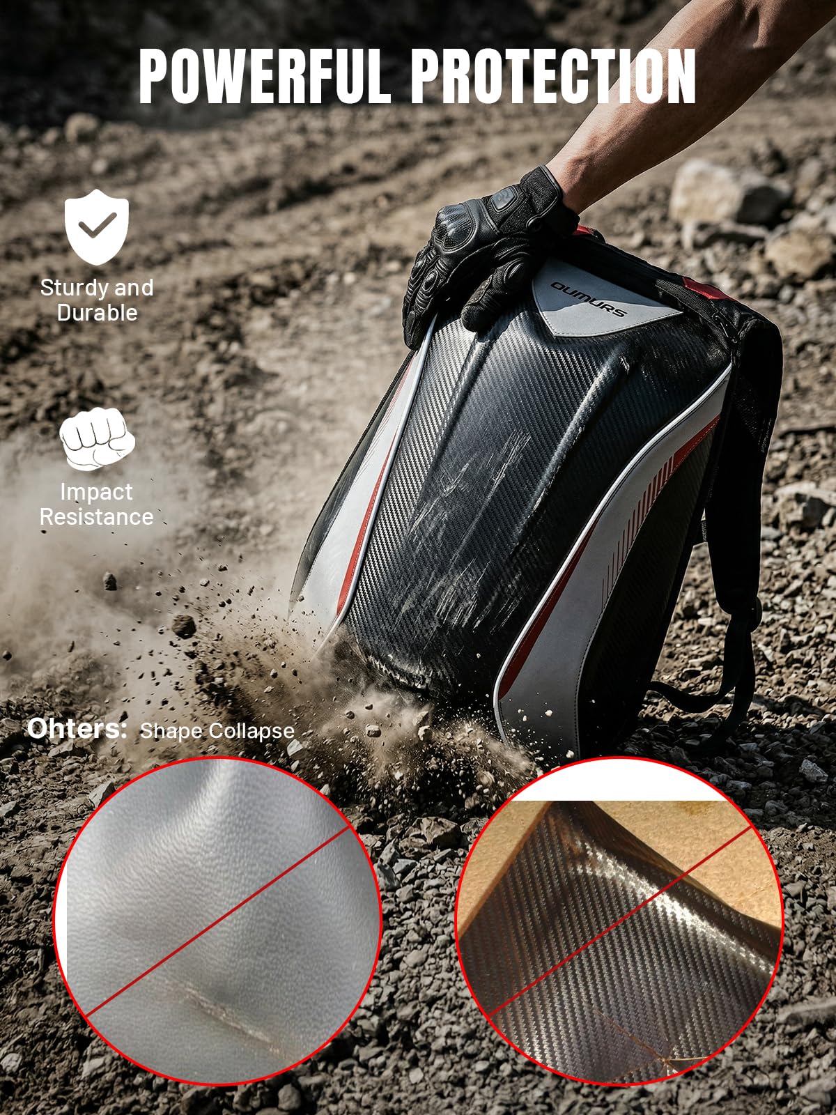 Oumurs close-up carbon-fiber texture highlighting impact-resistant hard-shell durability
