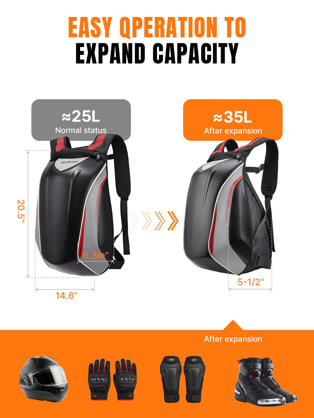 Oumurs expanded backpack holding a full-face helmet for secure helmet storage