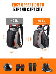 Oumurs expanded backpack holding a full-face helmet for secure helmet storage