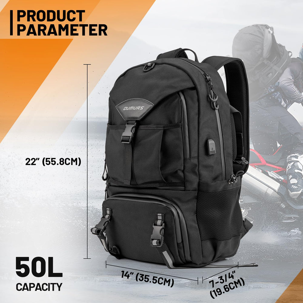 Oumurs backpack close-up of 1680D fabric and reinforced stitching for durability
