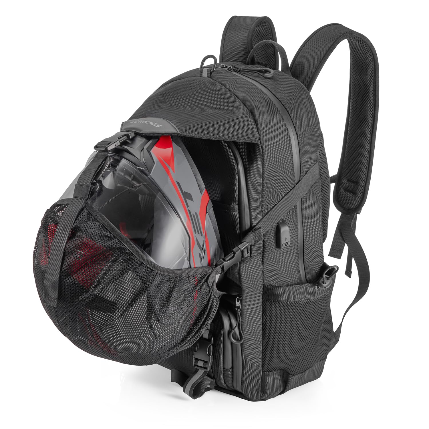 Oumurs backpack front view showing sleek design and secure closure