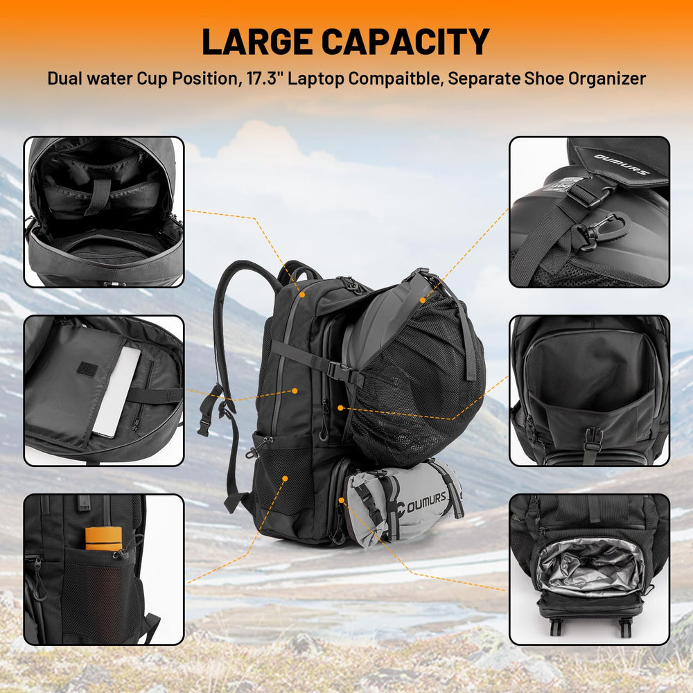 Oumurs backpack interior pockets organized to separate helmet and accessories